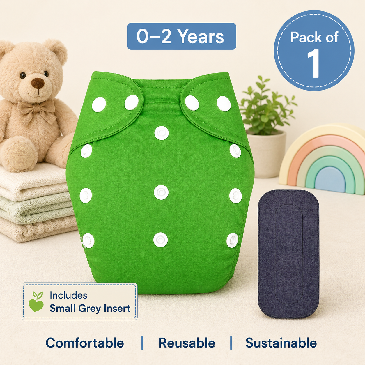 Fresh Green Reusable Cloth Diaper with Grey Insert – Pack of 1