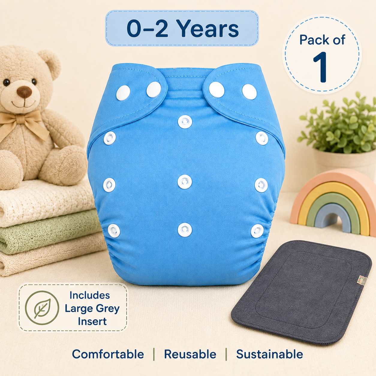 Sky Blue Reusable Cloth Diaper with Grey Insert – Pack of 1