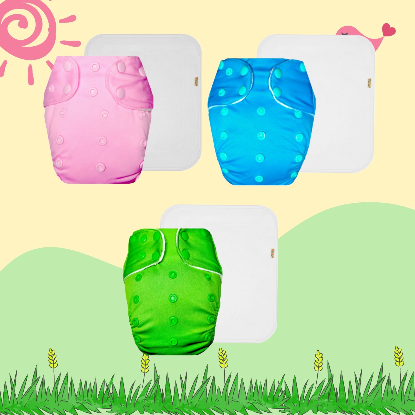 Solid Colors Cloth Diaper Packs With Large White Insert