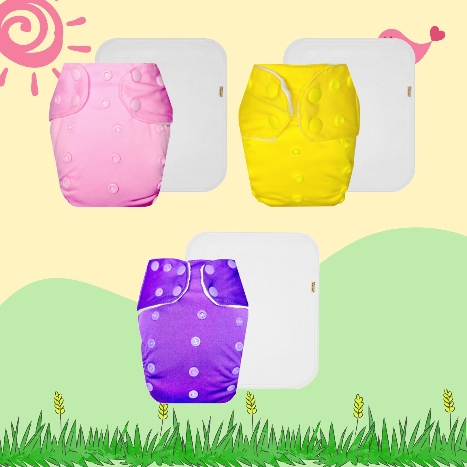 Solid Colors Cloth Diaper Packs With Large White Insert