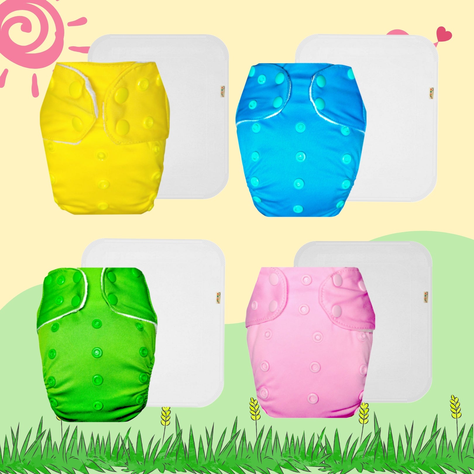 Solid Colors Cloth Diaper Packs With Large White Insert