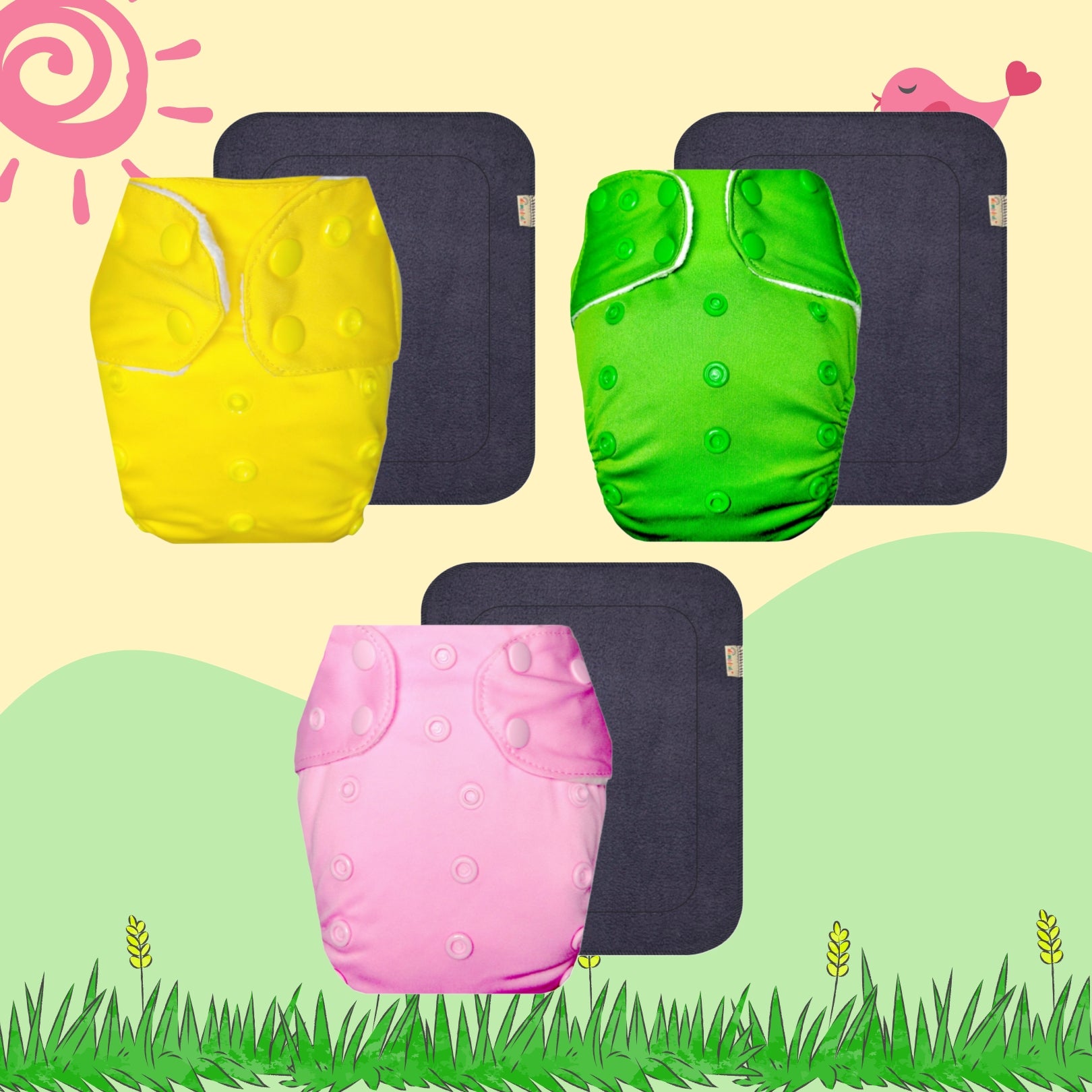 Solid Colors Cloth Diaper Packs With Large Black Insert