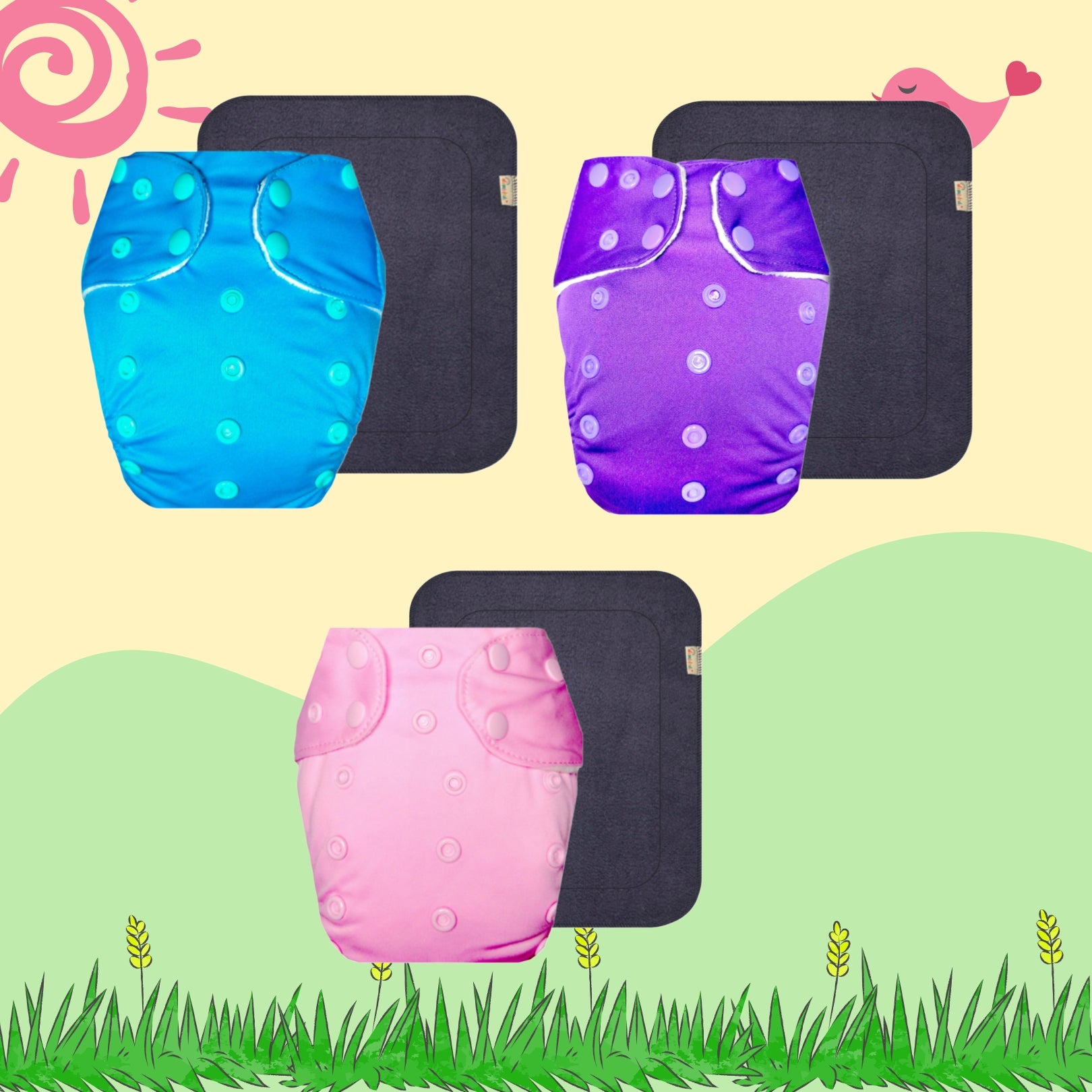 Solid Colors Cloth Diaper Packs With Large Black Insert