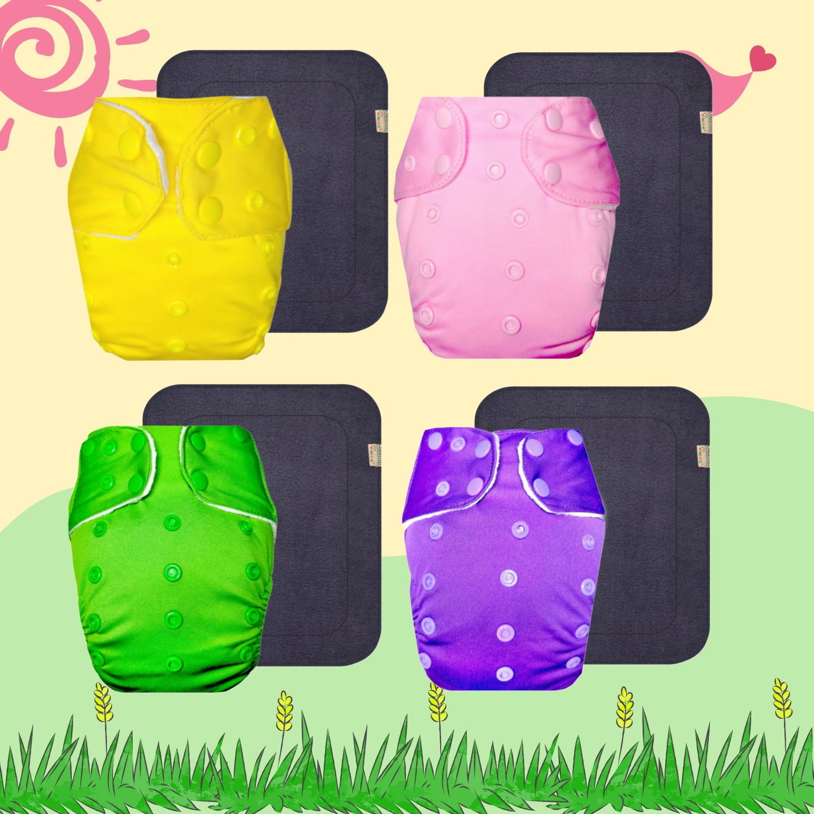 Solid Colors Cloth Diaper Packs With Large Black Insert