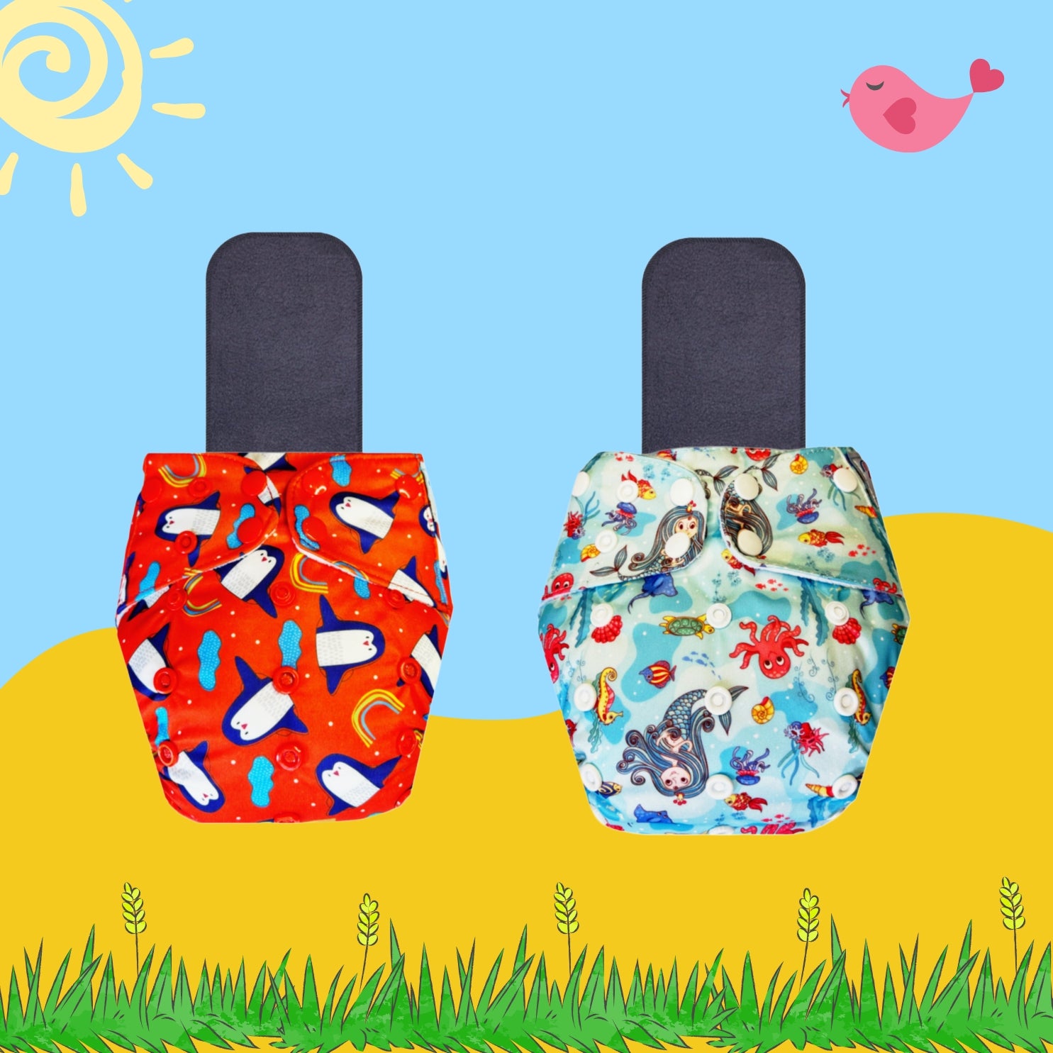 Printed Cloth Diaper Packs with Small Black Inserts