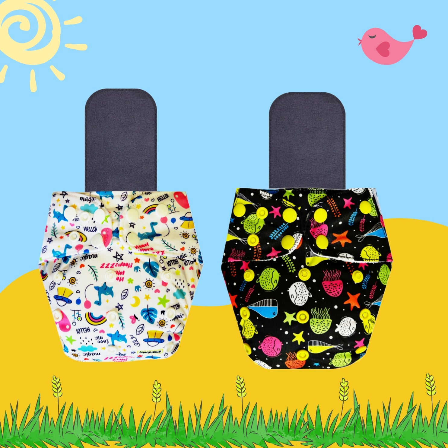 Printed Cloth Diaper Packs with Small Black Inserts