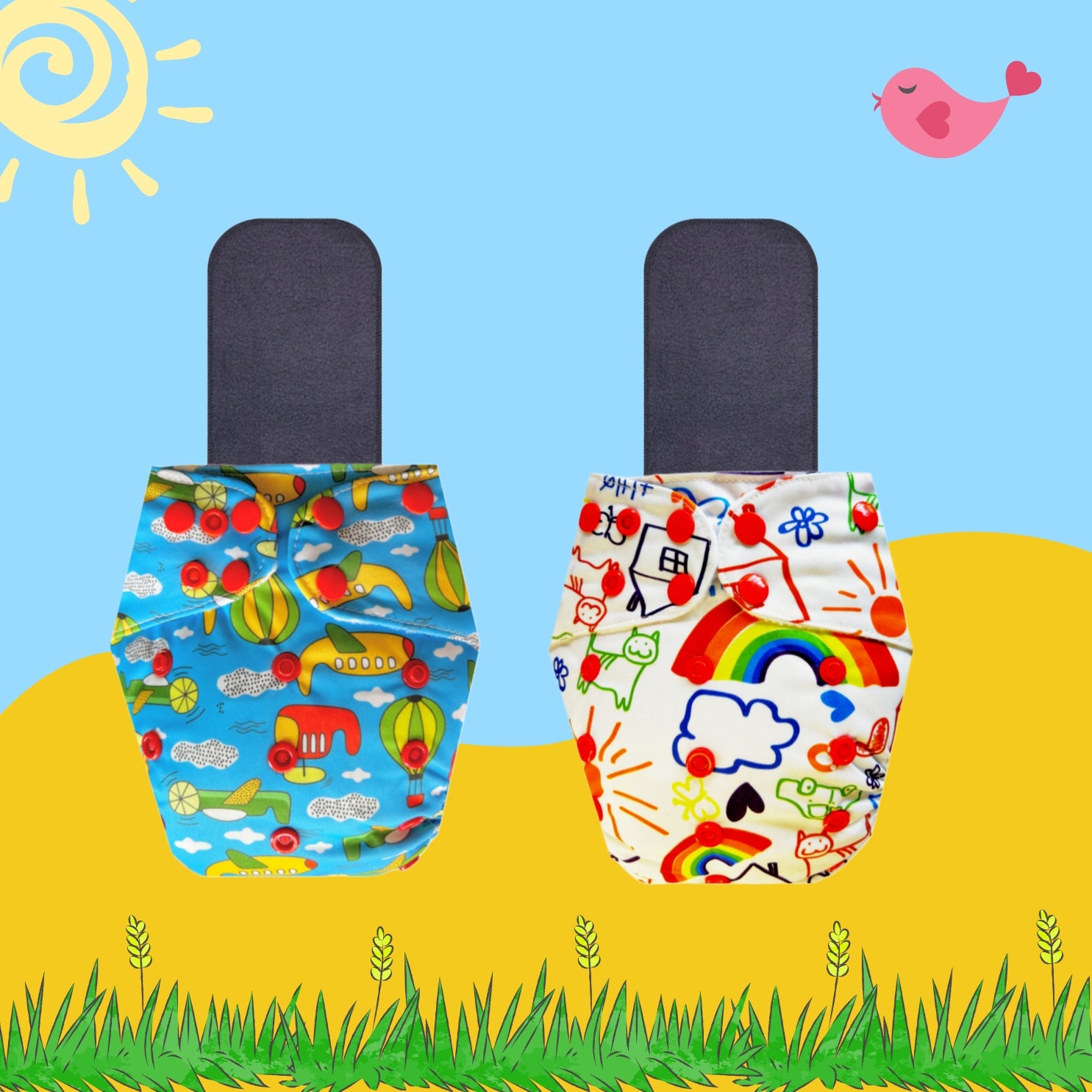 Printed Cloth Diaper Packs with Small Black Inserts