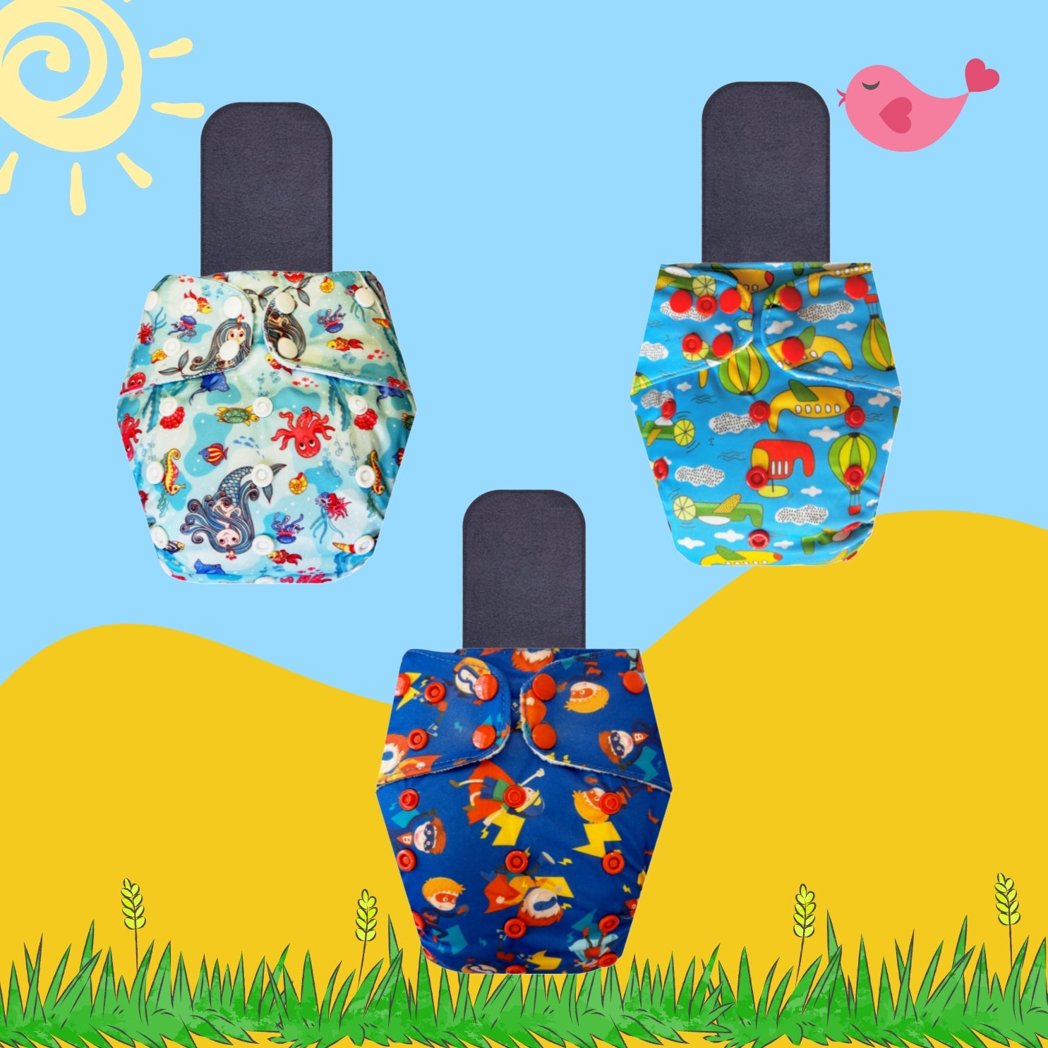 Printed Cloth Diaper Packs with Small Black Inserts