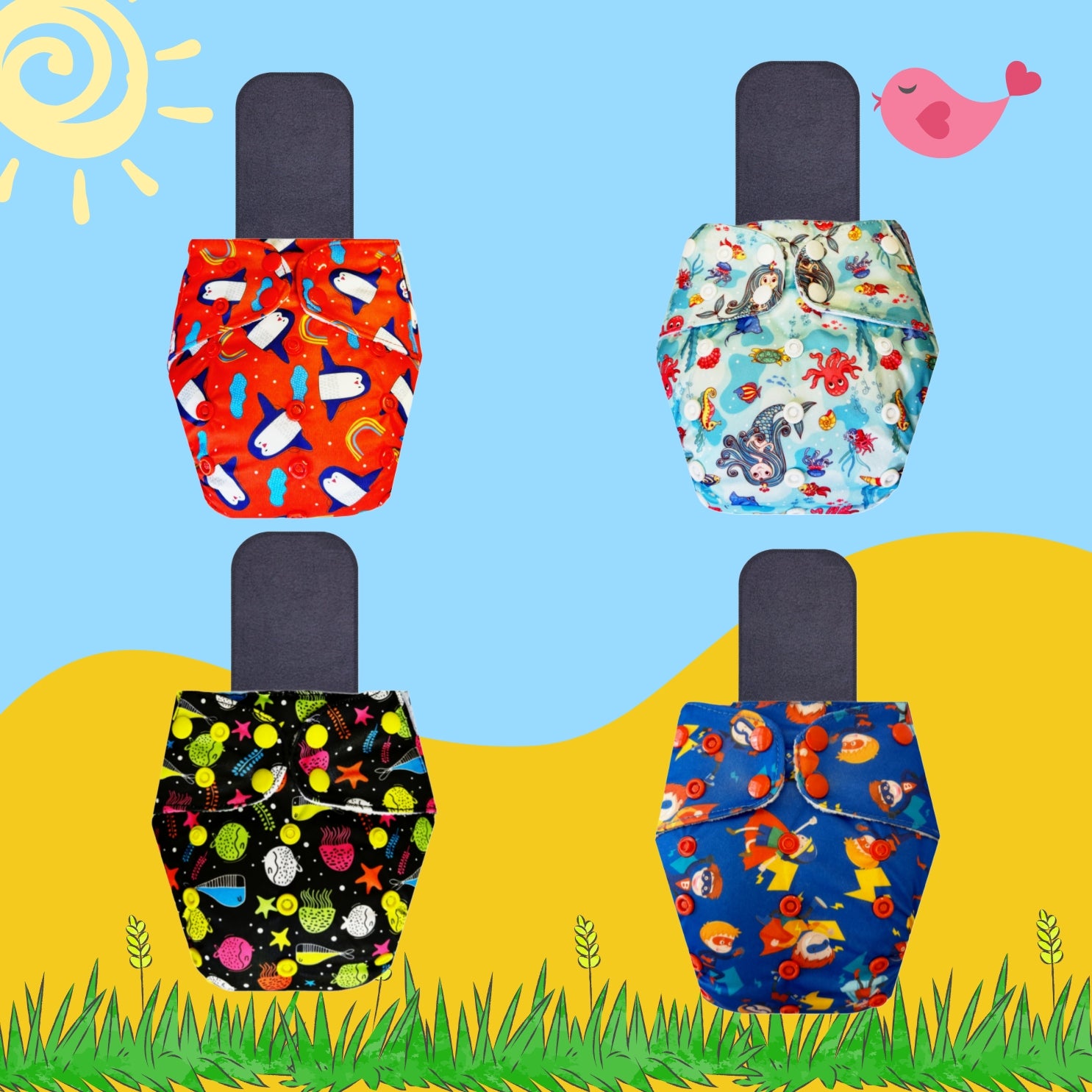 Printed Cloth Diaper Packs with Small Black Inserts