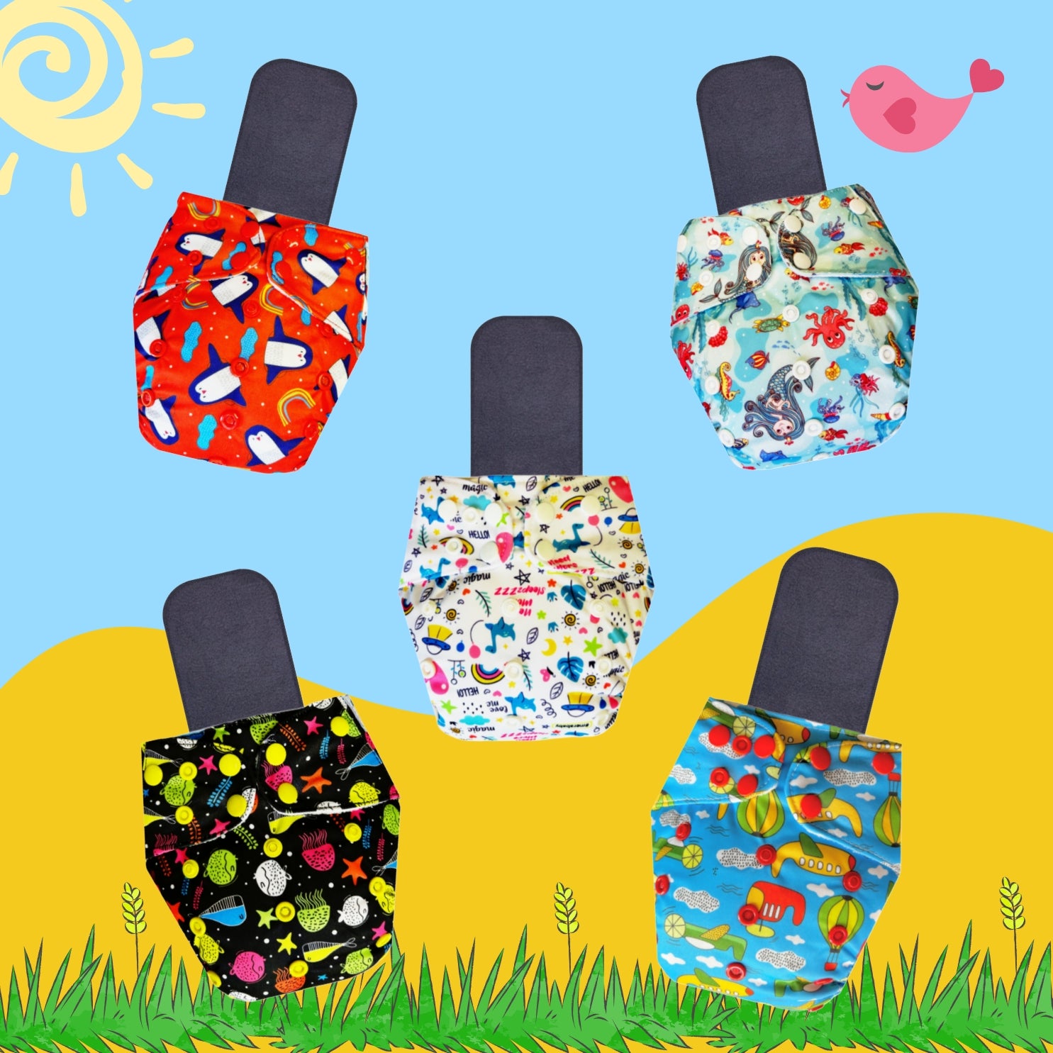 Printed Cloth Diaper Packs with Small Black Inserts