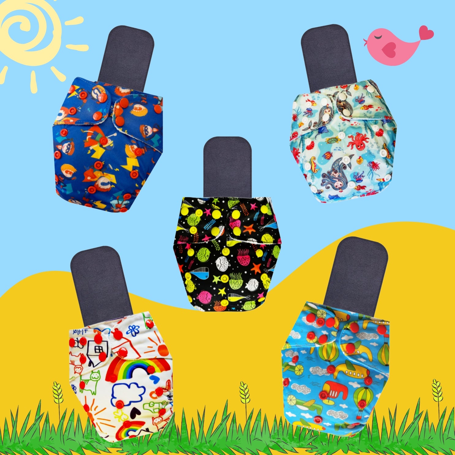 Printed Cloth Diaper Packs with Small Black Inserts