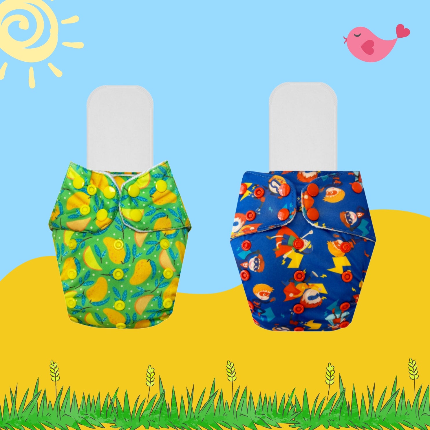 Printed Cloth Diaper Packs With Small White Inserts