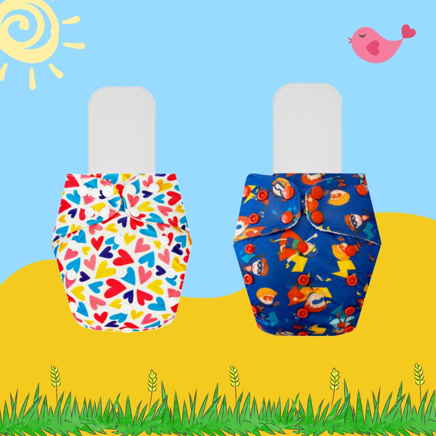 Printed Cloth Diaper Packs With Small White Inserts