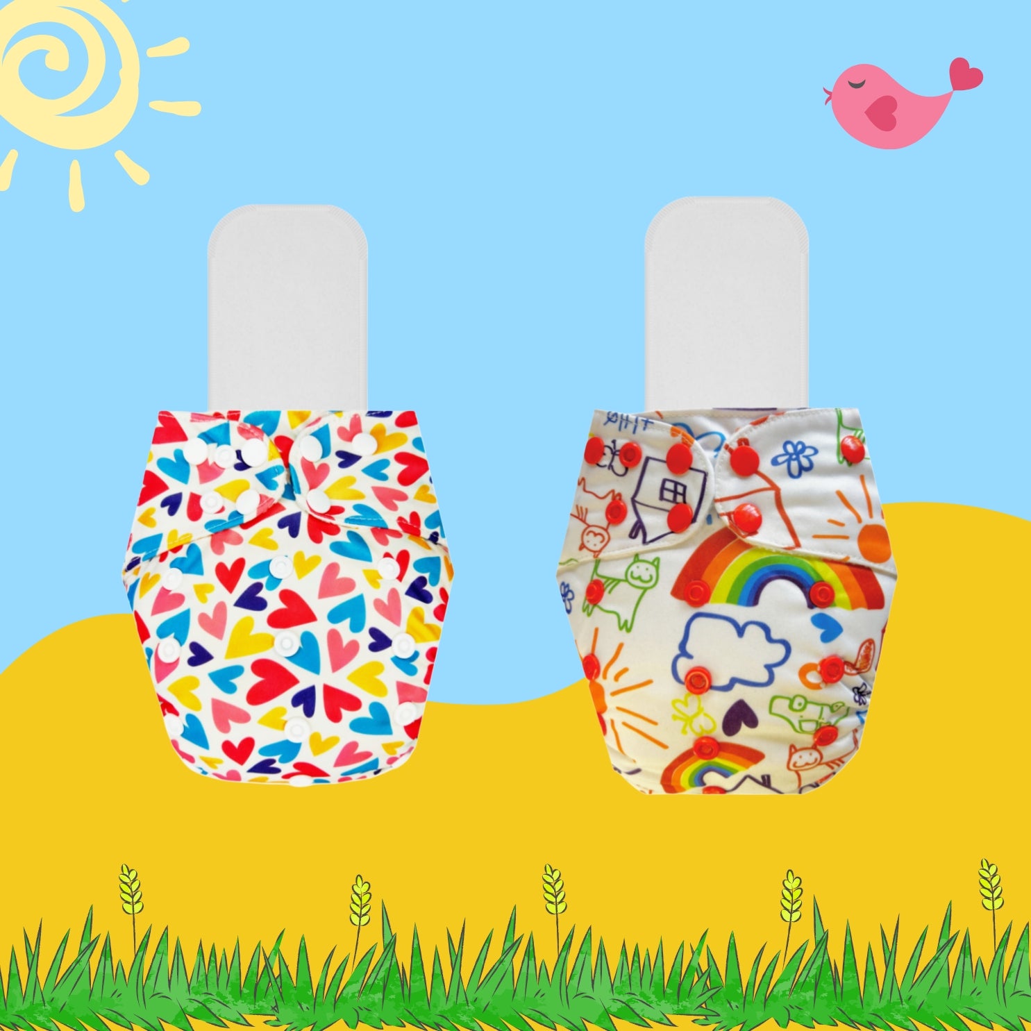 Printed Cloth Diaper Packs With Small White Inserts
