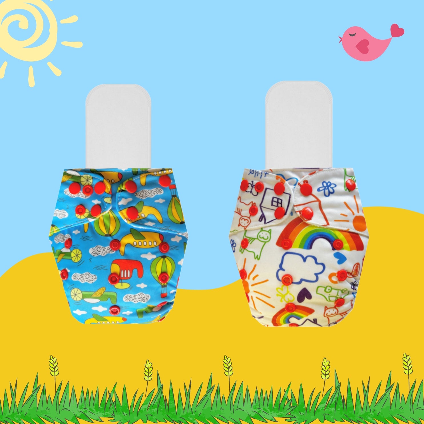 Printed Cloth Diaper Packs With Small White Inserts