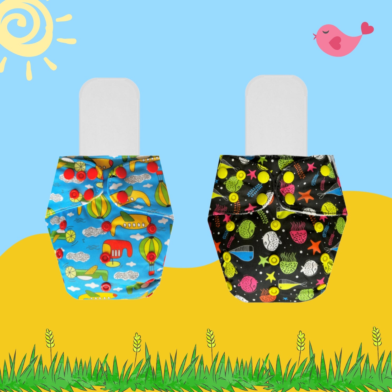 Printed Cloth Diaper Packs With Small White Inserts