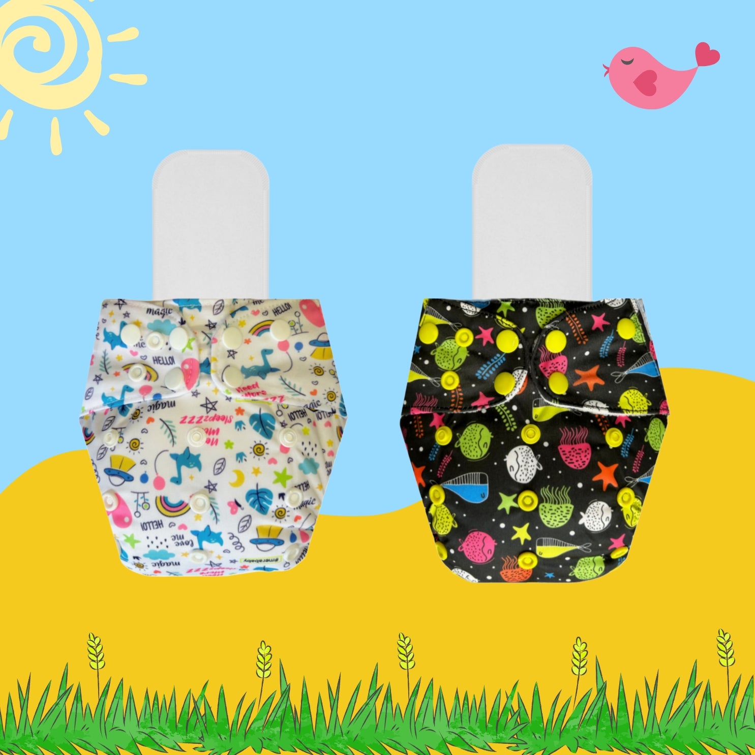 Printed Cloth Diaper Packs With Small White Inserts