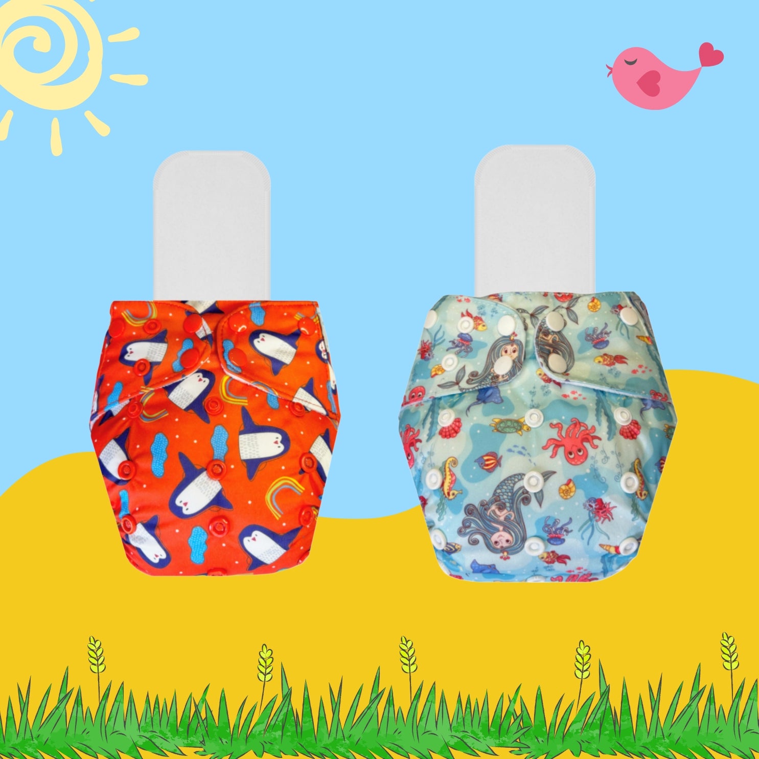 Printed Cloth Diaper Packs With Small White Inserts