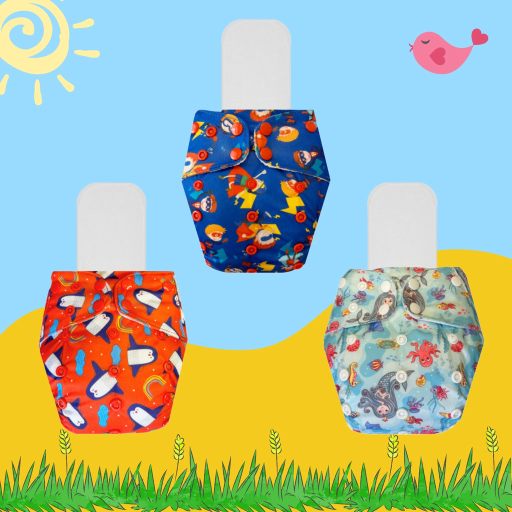 Printed Cloth Diaper Packs With Small White Inserts