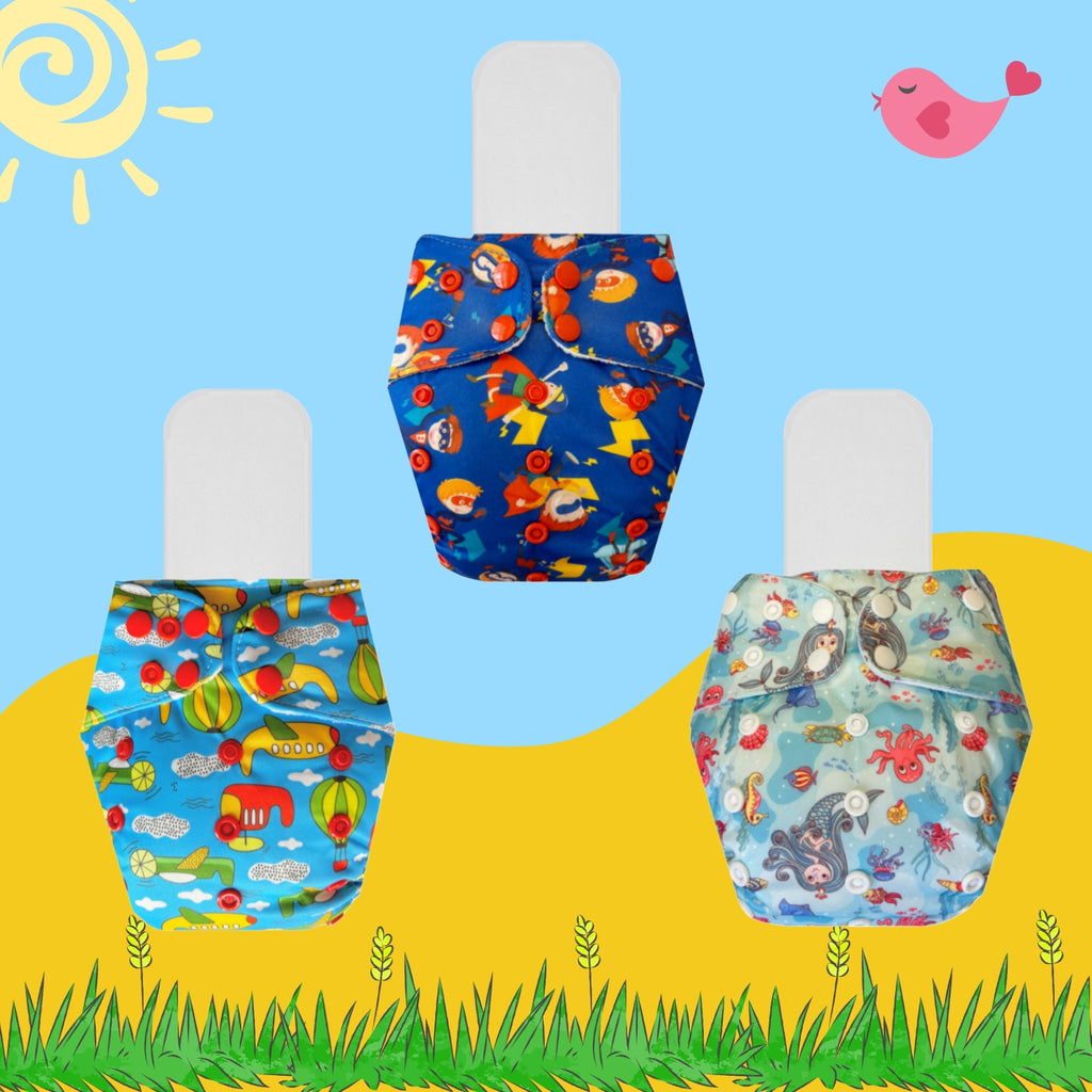 Printed Cloth Diaper Packs With Small White Inserts