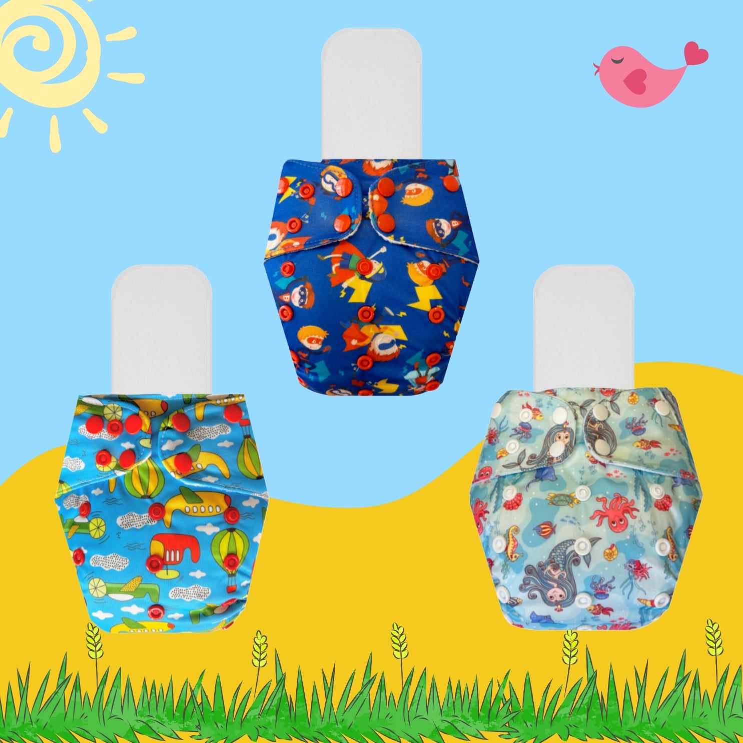 Printed Cloth Diaper Packs With Small White Inserts