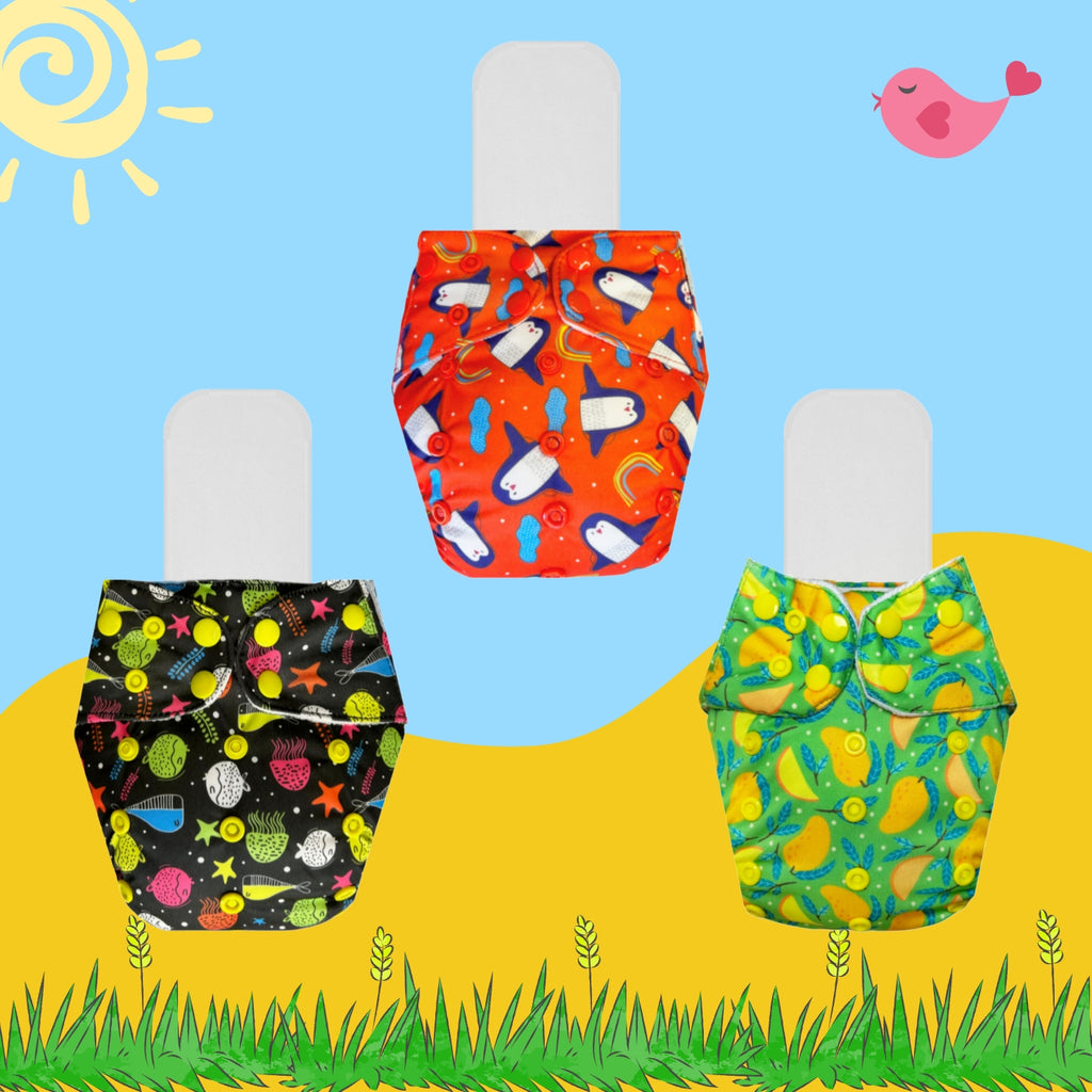 Printed Cloth Diaper Packs With Small White Inserts