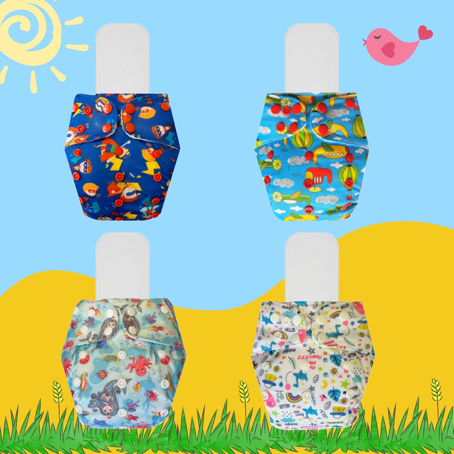 Printed Cloth Diaper Packs With Small White Inserts