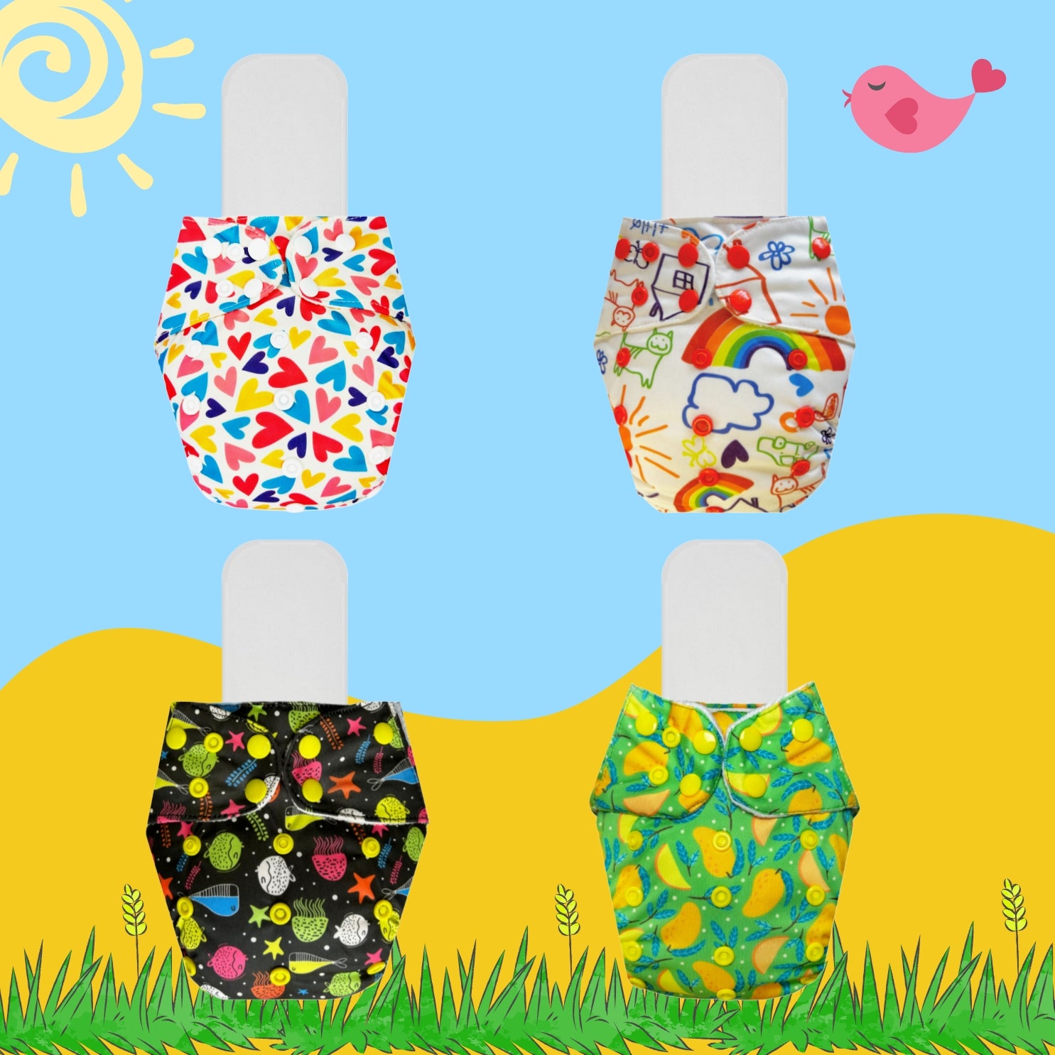 Printed Cloth Diaper Packs With Small White Inserts
