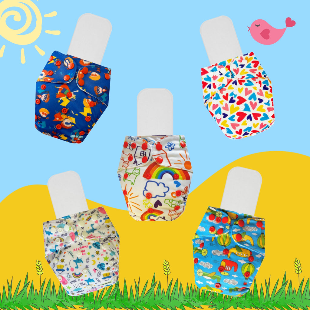 Printed Cloth Diaper Packs With Small White Inserts