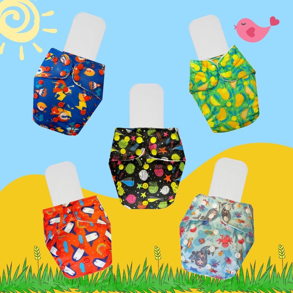 Printed Cloth Diaper Packs With Small White Inserts