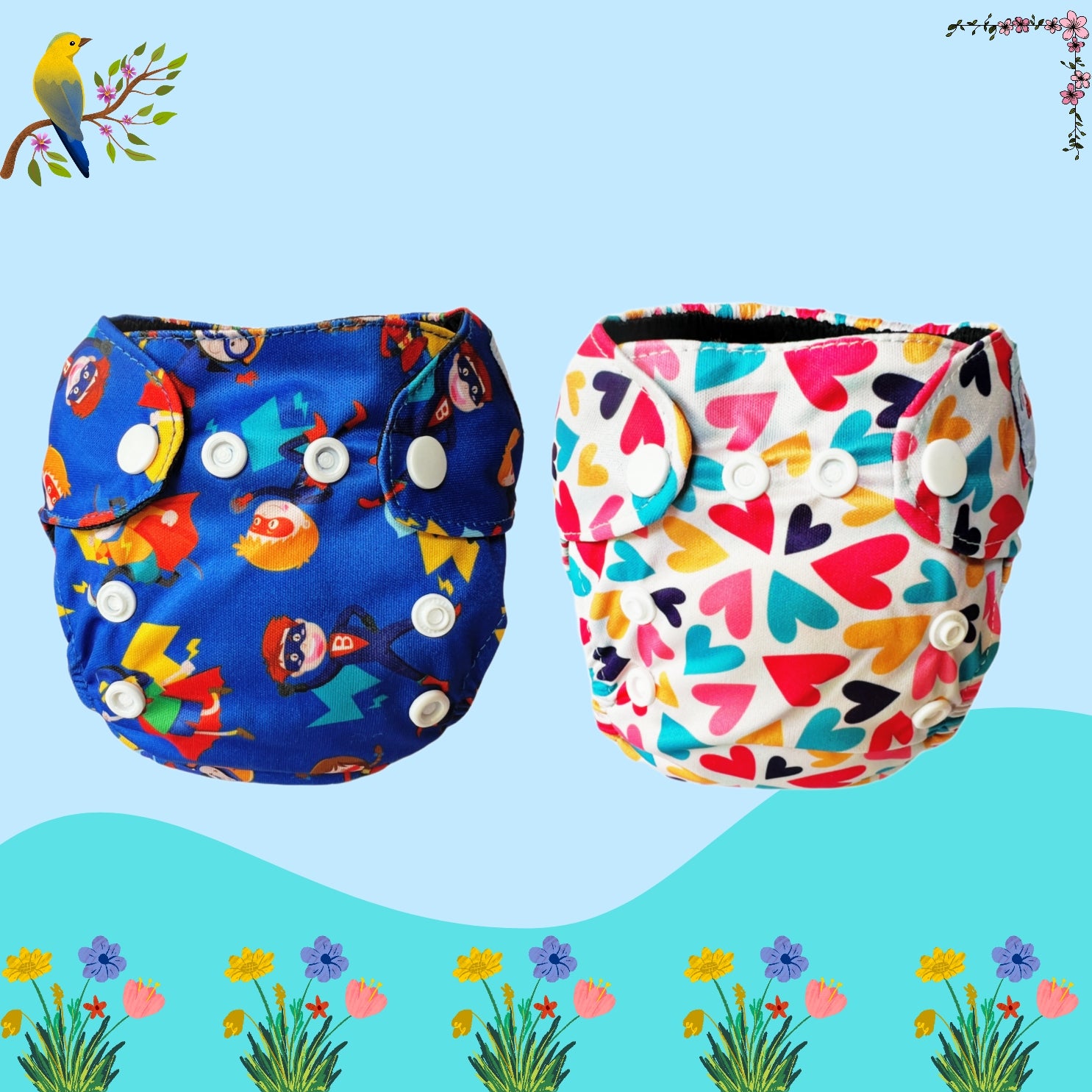 Printed Newborn Cloth Diaper with Built-in Insert