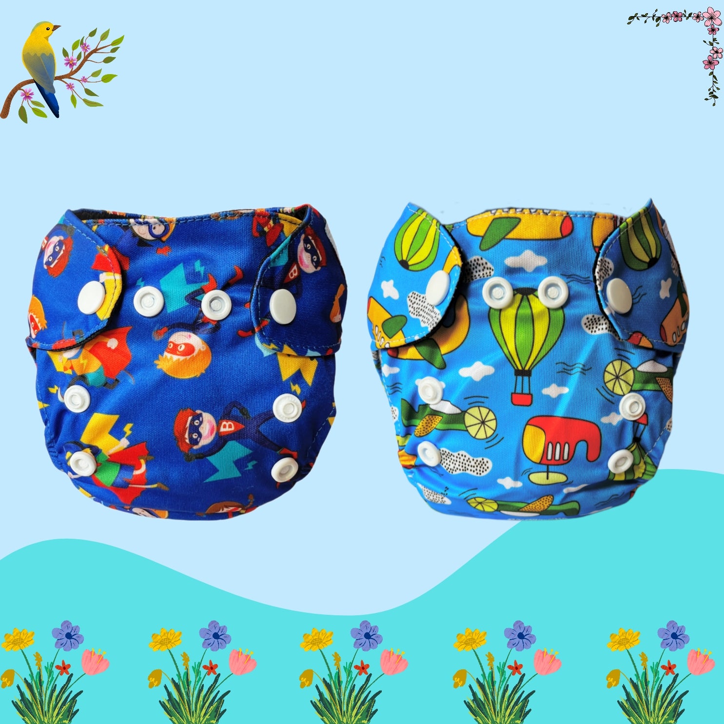 Printed Newborn Cloth Diaper with Built-in Insert
