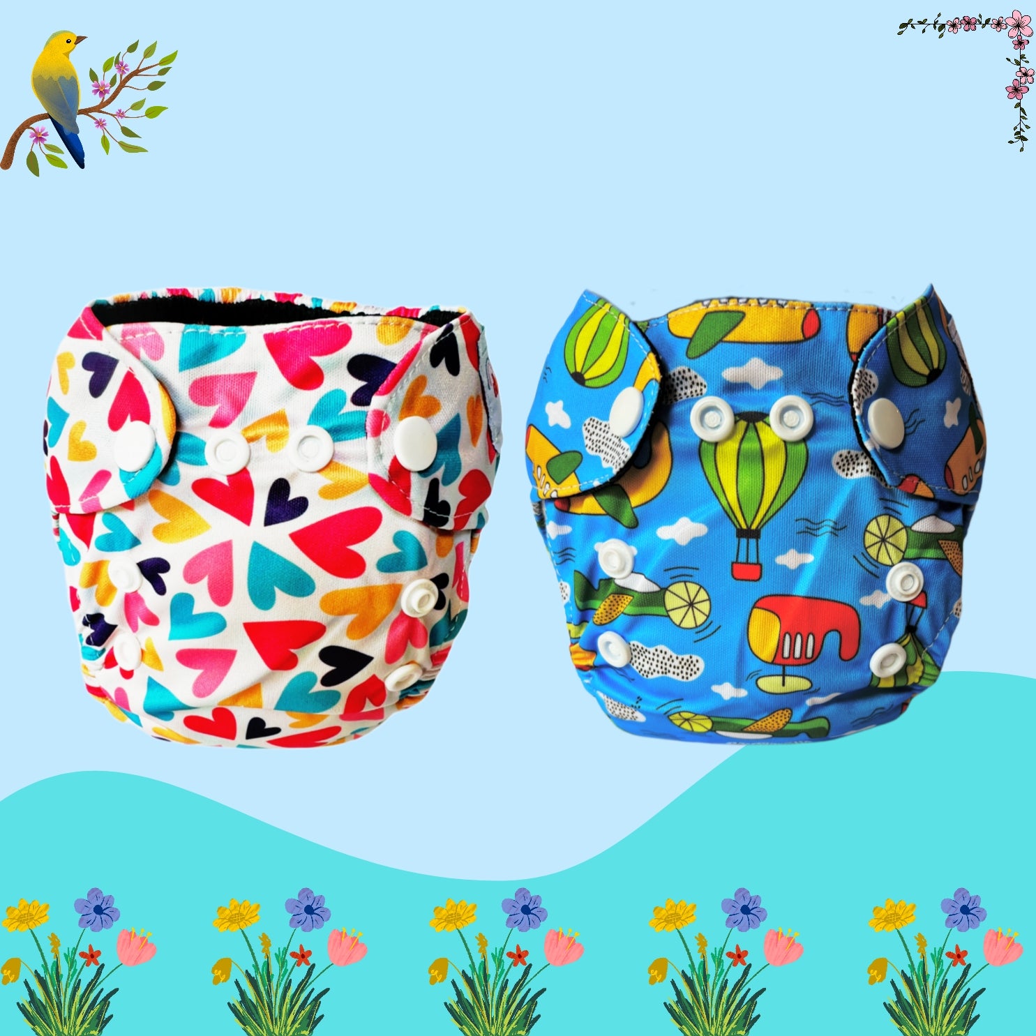 Printed Newborn Cloth Diaper with Built-in Insert