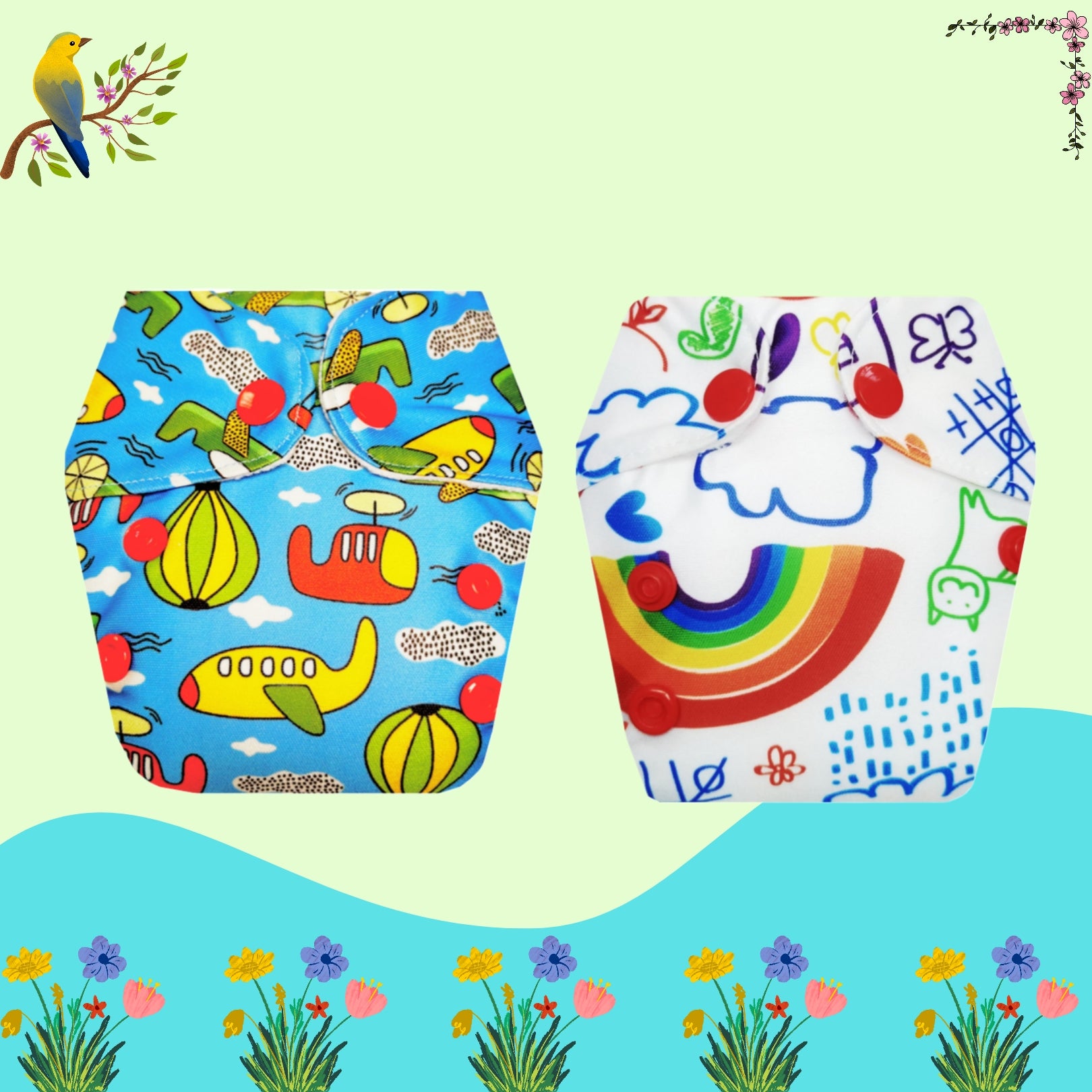 Printed Newborn Cloth Diaper with Built-in Insert
