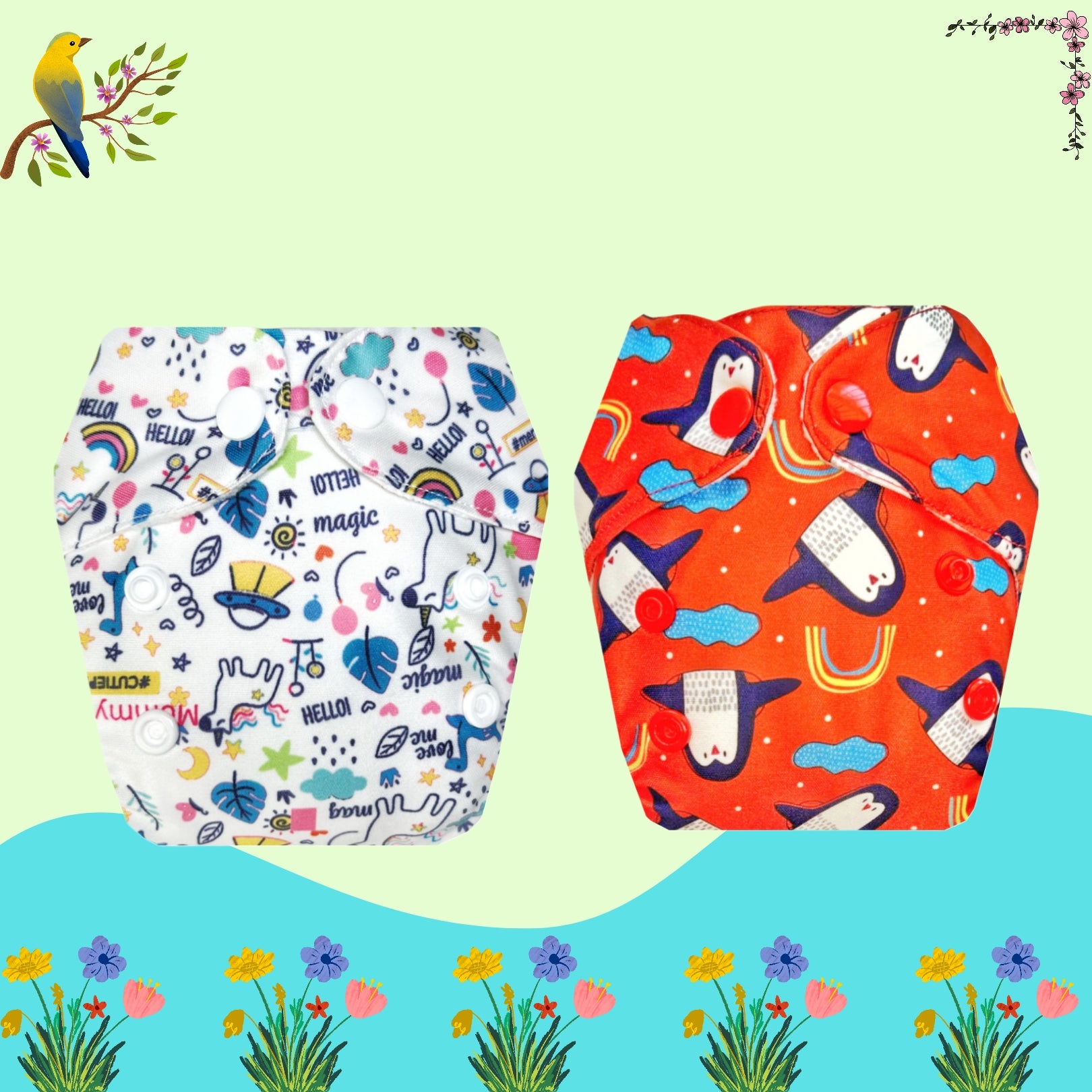 Printed Newborn Cloth Diaper with Built-in Insert