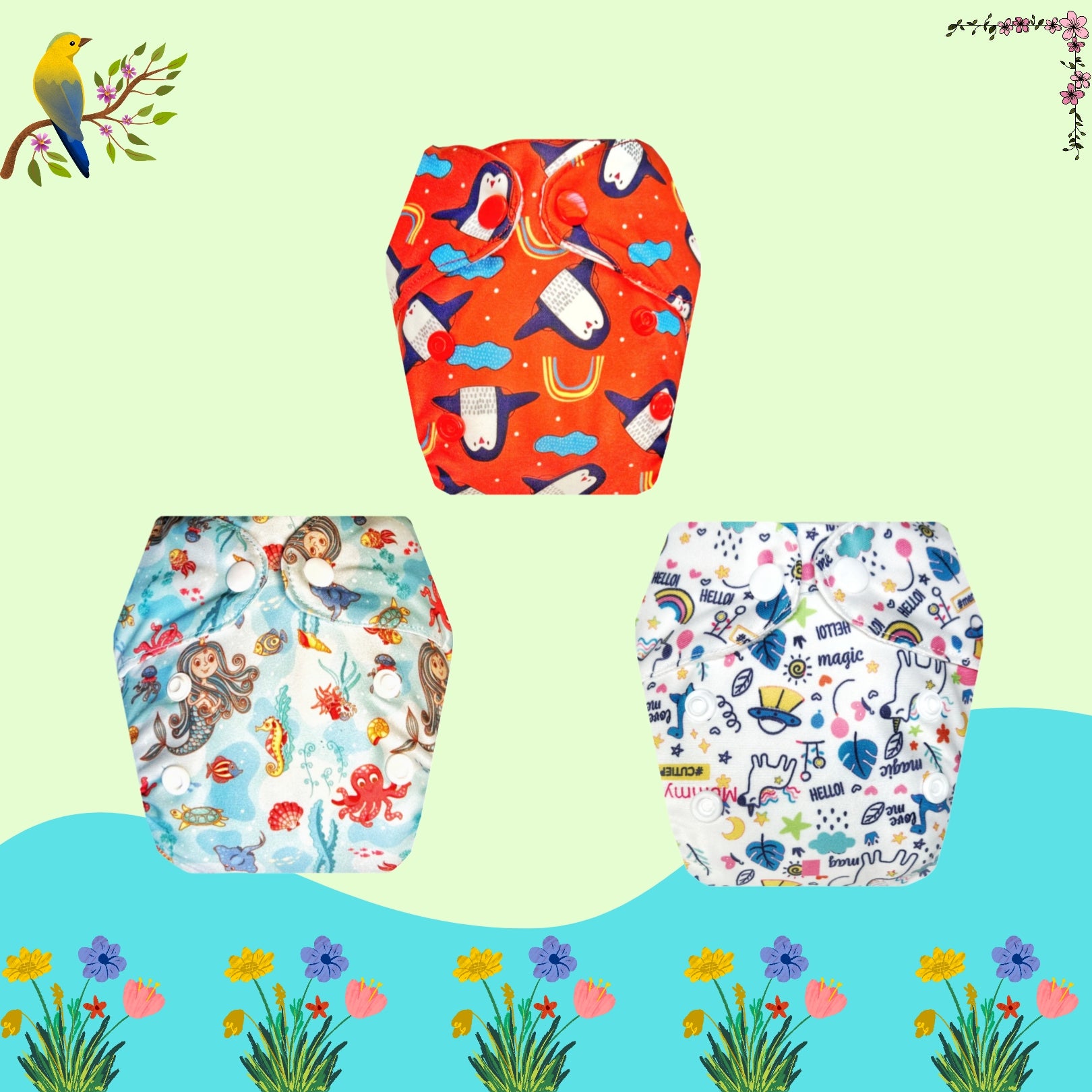 Printed Newborn Cloth Diaper with Built-in Insert