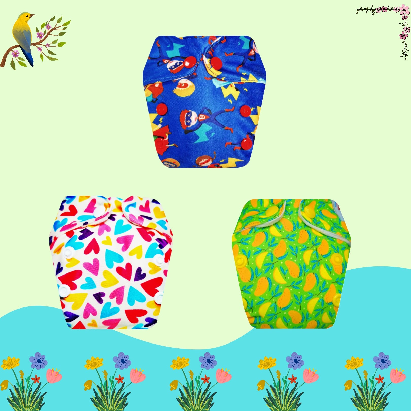 Printed Newborn Cloth Diaper with Built-in Insert