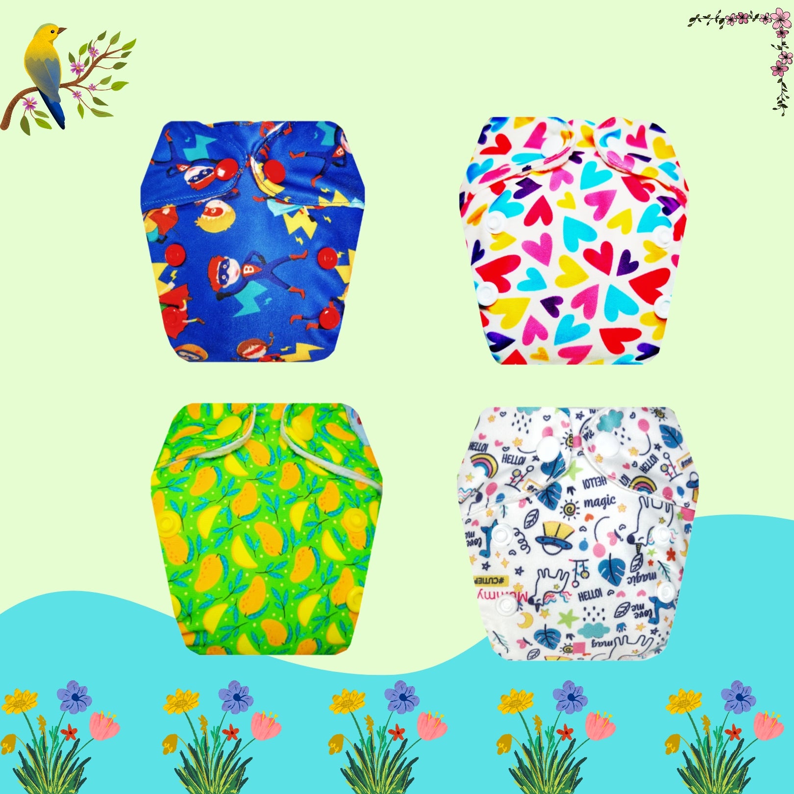Printed Newborn Cloth Diaper with Built-in Insert