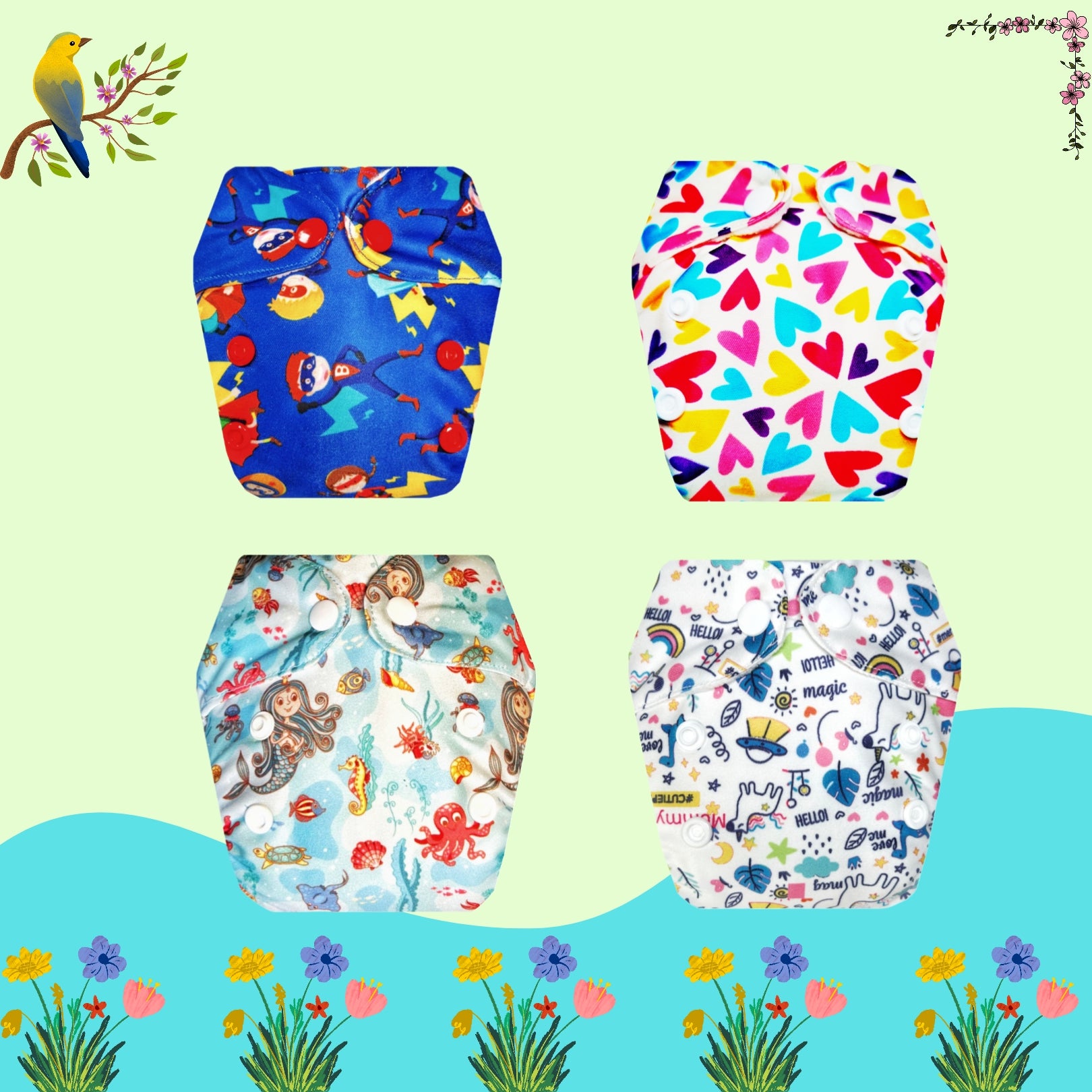 Printed Newborn Cloth Diaper with Built-in Insert