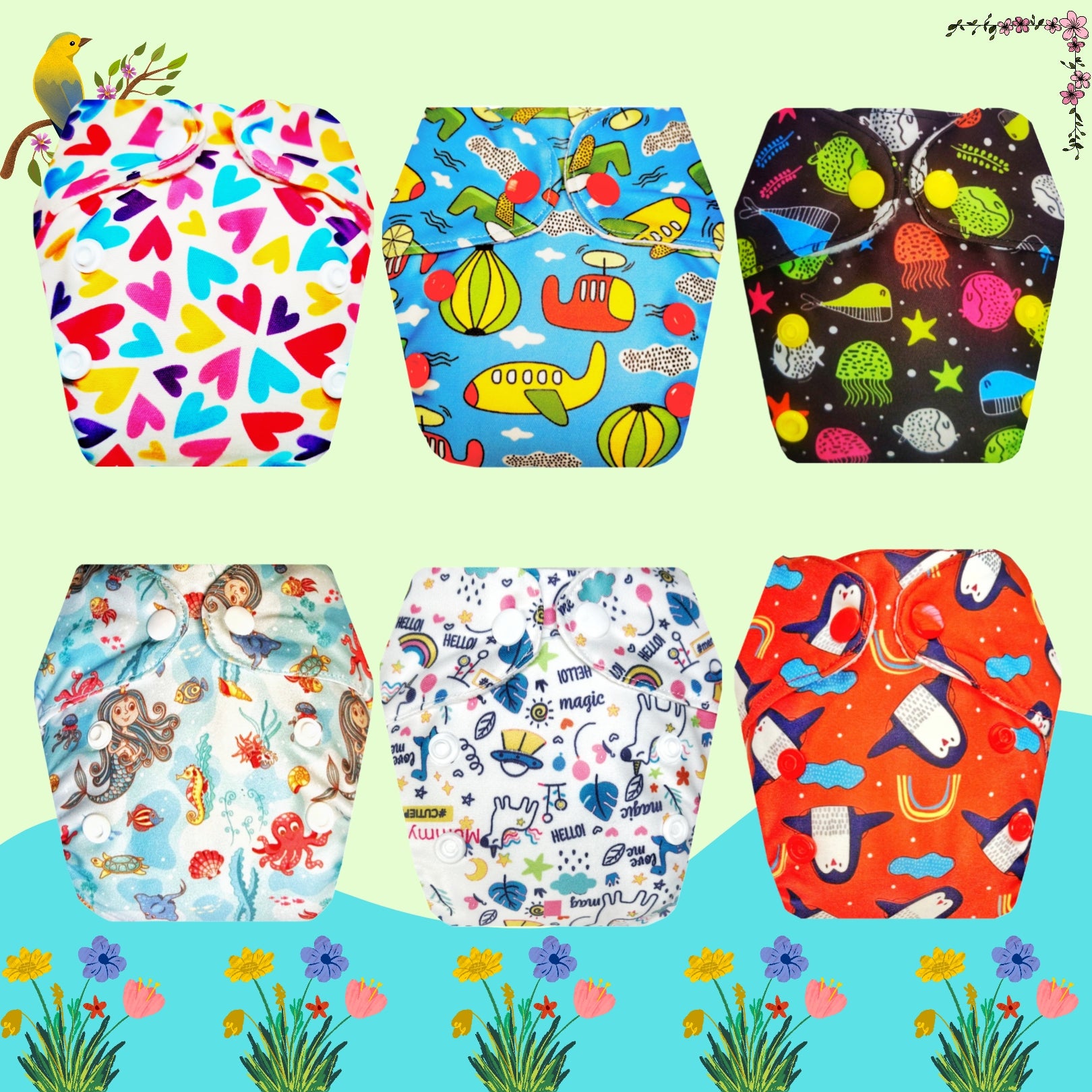 Printed Newborn Cloth Diaper with Built-in Insert