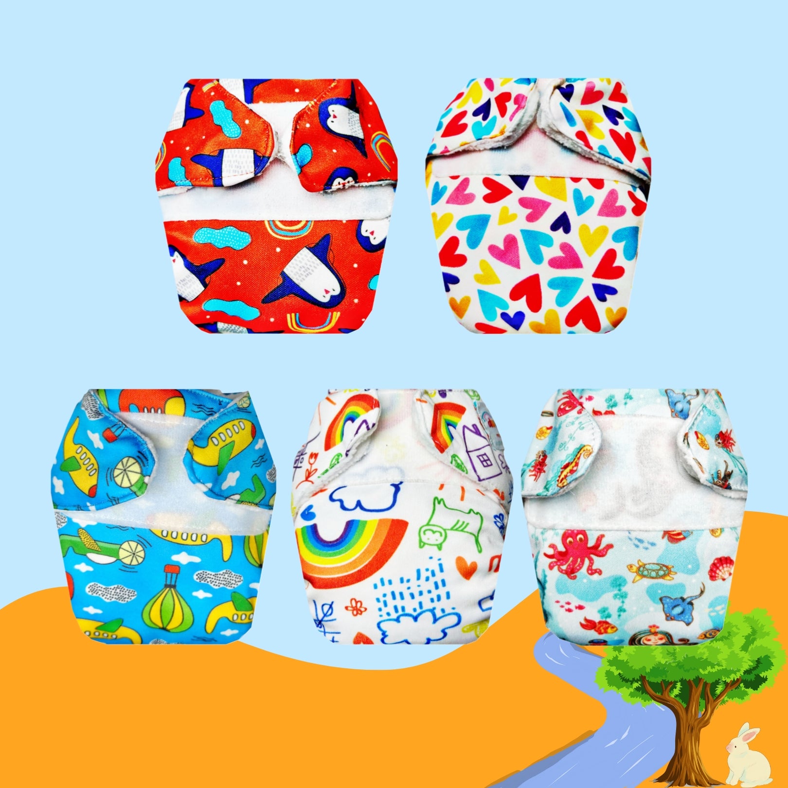 Printed Newborn Cloth Diaper with Built-in Insert