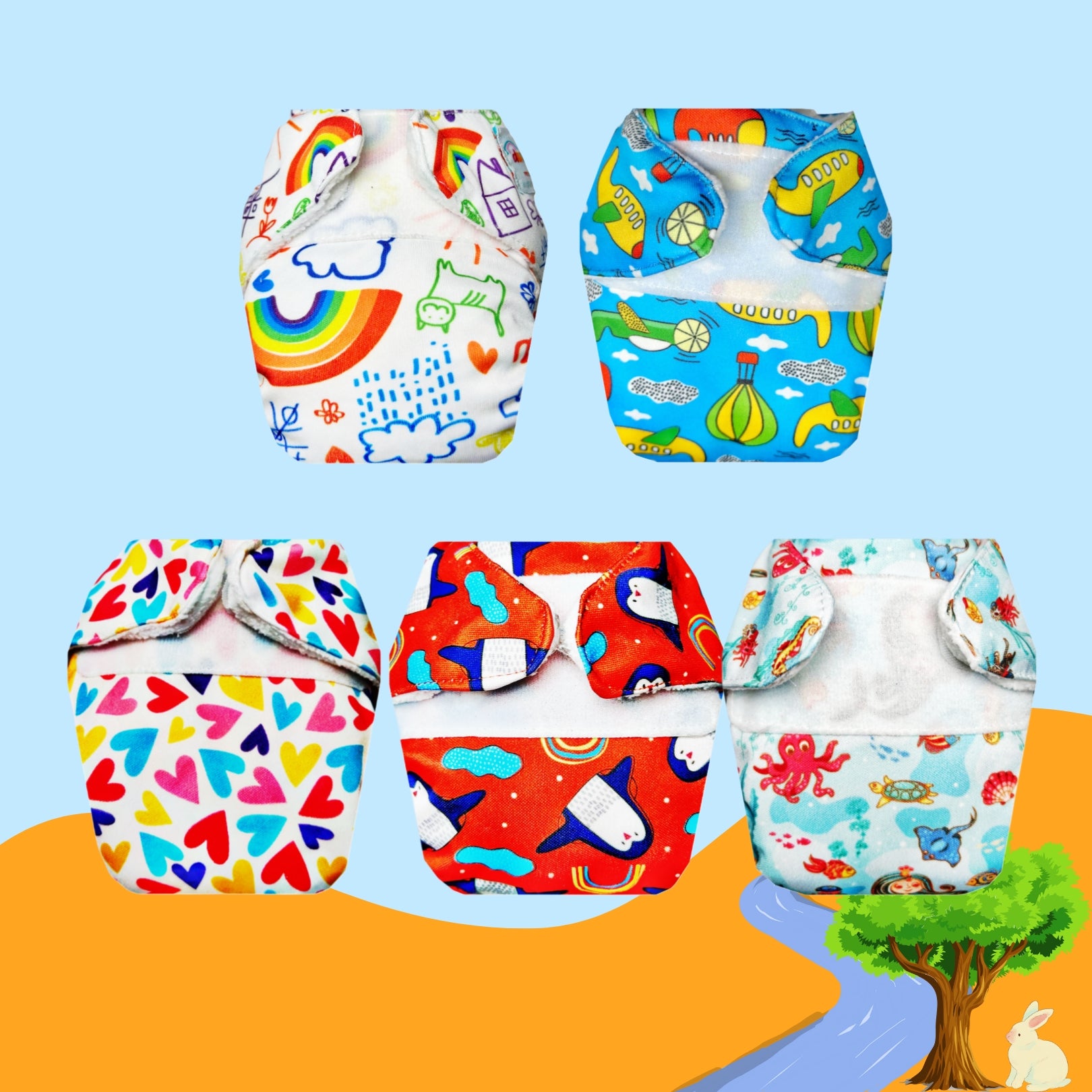 Printed Newborn Cloth Diaper with Built-in Insert